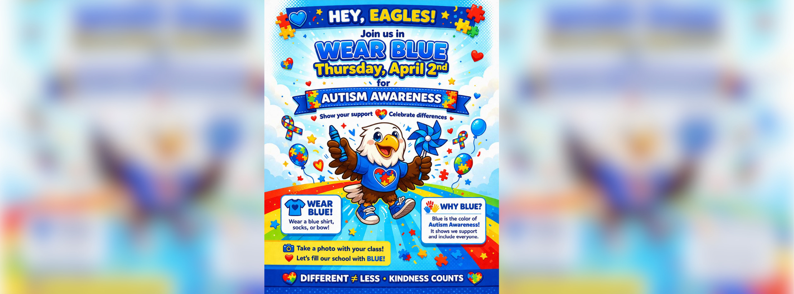 A flyer for autism awareness at Elm Grove Elementary informing kids to wear a blue on April 2nd.