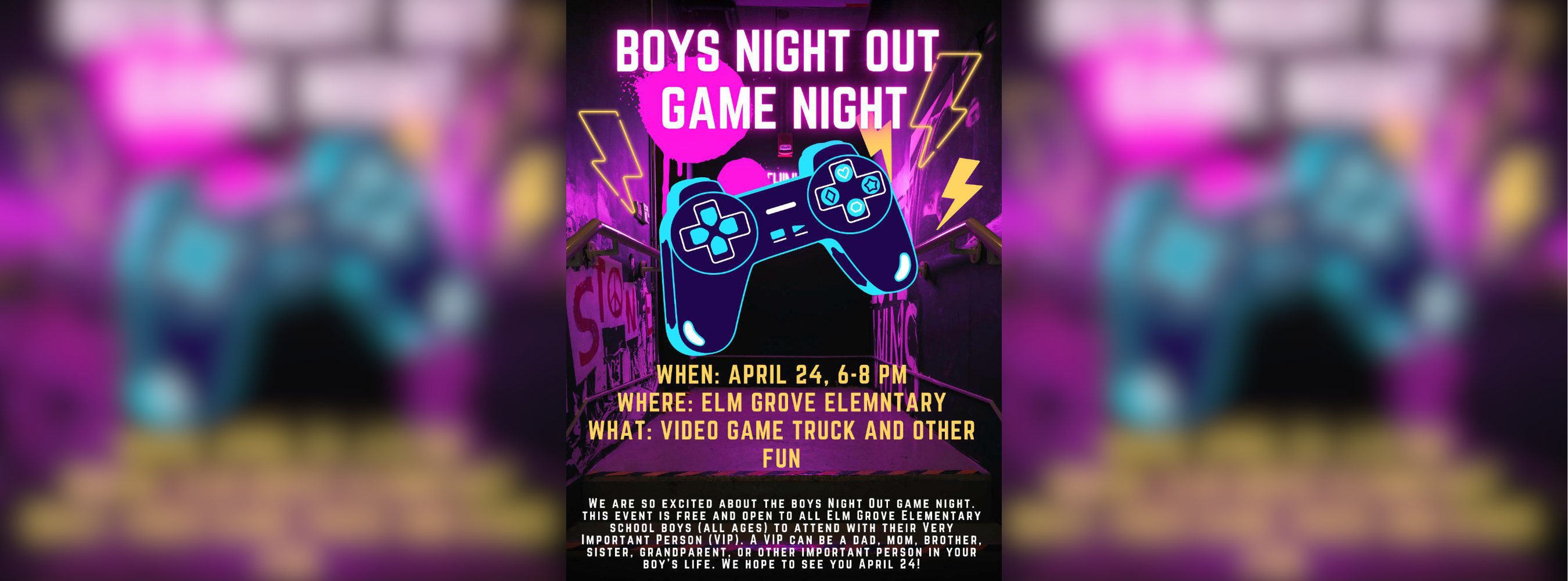 A flyer for boys night out game night at Elm Grove Elementary on April 24th between the hours of 6 PM to 8 PM.
