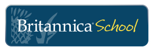 A logo for Britannica School featuring the word 'Britannica' in white and 'School' in bright green on a blue background, with a subtle graphic element behind the text.