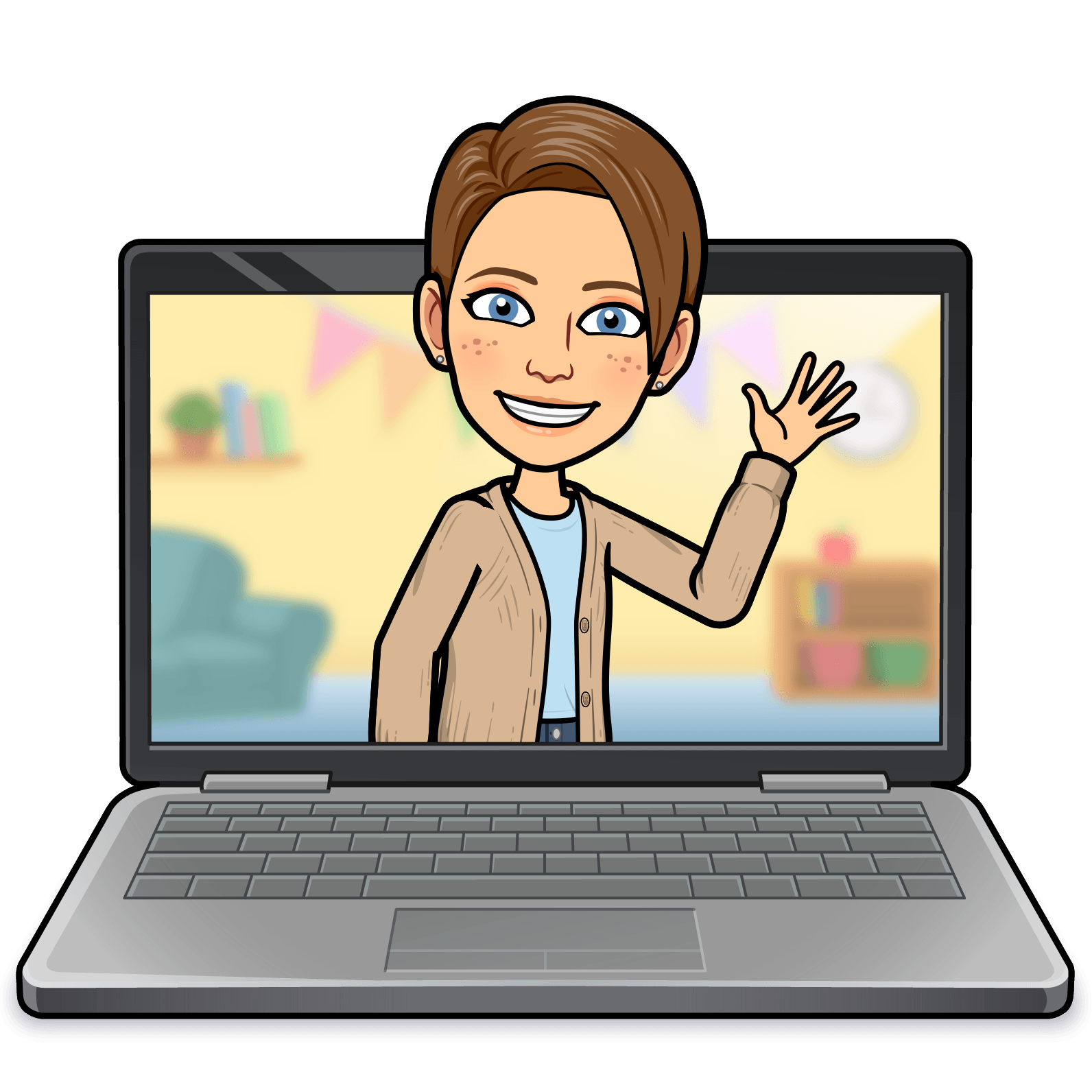 A cartoon character with short brown hair waves from a laptop screen, set against a colorful background with furniture and decorations.