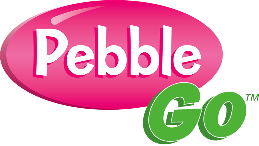 The logo for PebbleGo, featuring the word 'Pebble' in white on a pink oval background and 'Go' in green, stylized with a playful font.