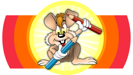 A cartoon rabbit character joyfully holds a red and a blue crayon, surrounded by a bright yellow circular background with rays of light.