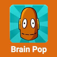 An animated character with a round orange head and large eyes, wearing headphones, set against a turquoise background with radiating lines, accompanied by the text 'Brain Pop' at the bottom.
