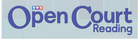 A logo featuring the text 'Open Court Reading' in bold blue letters on a light blue background, with a small red emblem above the text.