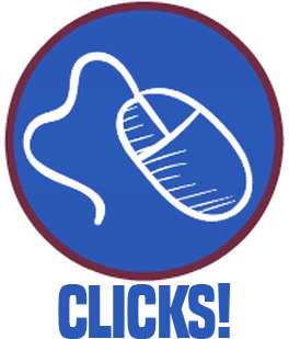 A graphic featuring a computer mouse icon on a blue background with the word 'CLICKS!' in bold letters at the bottom.