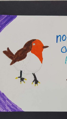 A colorful drawing of a bird with a brown body and an orange head, standing on yellow feet, accompanied by the text 'no one is perfect' written in blue.