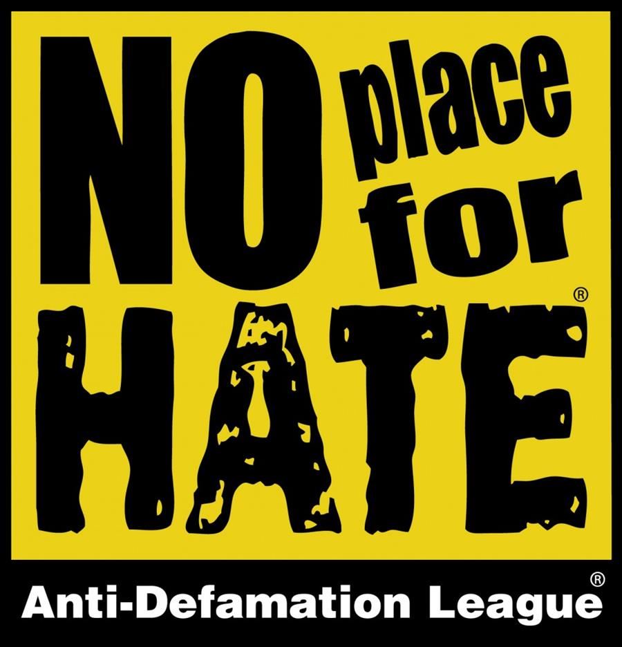 A bold yellow square graphic with the text 'NO place for HATE' in large, black letters, and the logo of the Anti-Defamation League at the bottom.