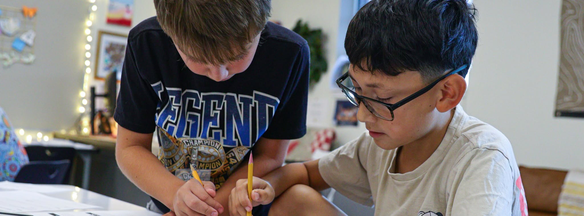 Two young male students working on an assignment together.