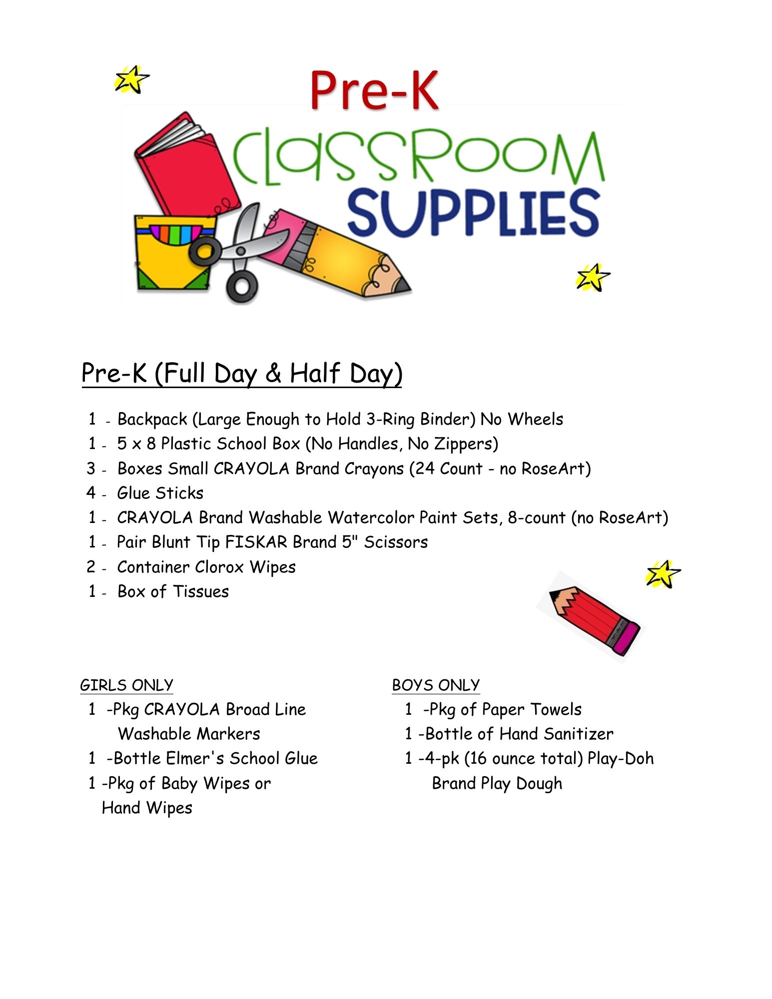 Pre-K Supply List