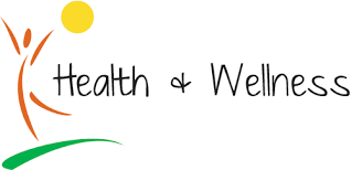 A logo featuring the words 'Health & Wellness' with a stylized figure raising its arms, a sun above, and green grass below.