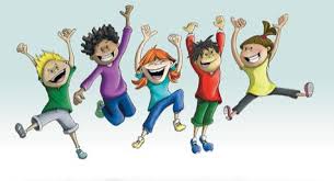 A group of five cartoon children, each with different hairstyles and clothing, are joyfully jumping in the air with their arms raised, expressing happiness.