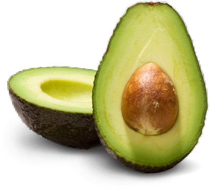 A halved avocado showing its creamy green flesh and a brown seed in the center, with the outer skin still intact on one half.
