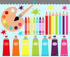 An illustration featuring a painter's palette with various colors, a row of colored pencils, crayons, and bottles of paint in vibrant hues, set against a light blue background with colorful splashes.