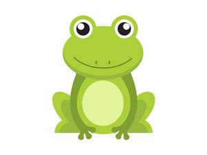 A cartoon-style green frog sitting with a smiling expression, featuring large eyes and a round belly.