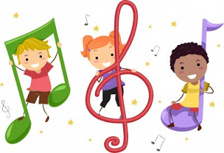 Three cartoon children are joyfully interacting with musical notes and symbols, including a green eighth note, a red treble clef, and a purple flag note, set against a background of stars and smaller musical notes.