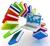 An illustration featuring a laptop displaying a world map, surrounded by colorful books arranged in a circular pattern, symbolizing the connection between digital and traditional learning.