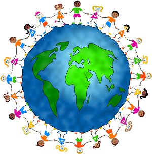 A colorful illustration of children of various ethnicities holding hands around a globe, symbolizing unity and diversity.