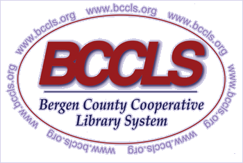 Logo of the Bergen County Cooperative Library System (BCCLS) featuring the acronym 'BCCLS' prominently in red against a black background, surrounded by website URLs.