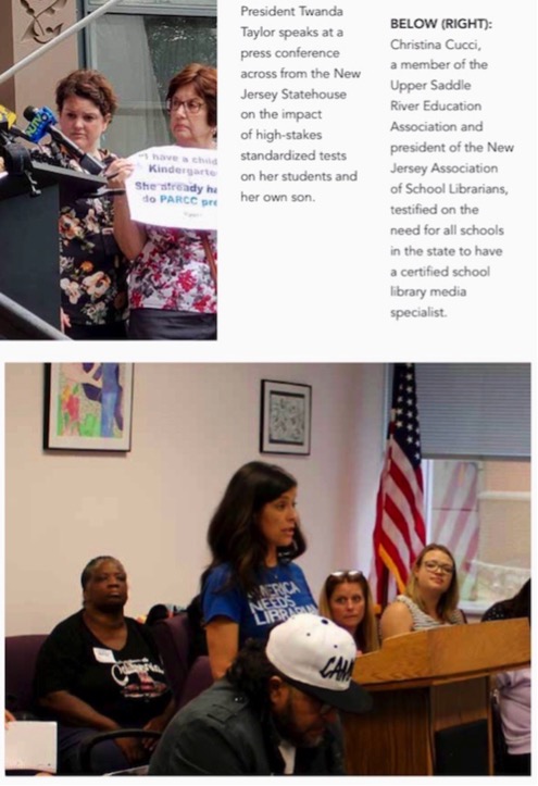 A collage featuring two images: the top shows a group of people at a press conference discussing the impact of new legislation, while the bottom image depicts a woman speaking at a podium during a meeting, with an American flag in the background.