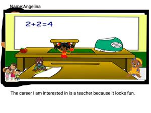 A colorful classroom scene featuring animated characters around a desk with a math equation '2+2=4' on the board, and a statement about wanting to be a teacher because it looks fun.