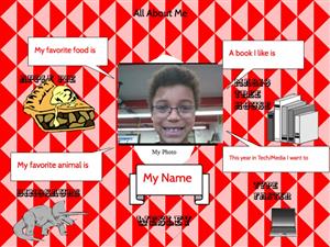 A colorful collage featuring a child's photo in the center, surrounded by speech bubbles that state their favorite food, animal, book, and future aspirations, all set against a red and white geometric background.