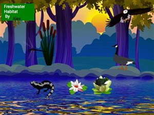 A colorful illustration of a freshwater habitat featuring trees, a sunset, a snake, water lilies, and a bird, with the title 'Freshwater Habitat' displayed in the top left corner.