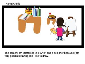 A cartoon illustration of a young girl named Arielle standing at an easel with a palette in her hand, surrounded by art supplies on a table, expressing her interest in becoming an artist and designer.