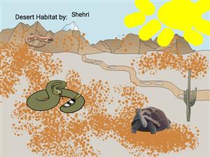 A colorful illustration depicting a desert habitat with a snake, a tortoise, cacti, and mountains under a bright sun.