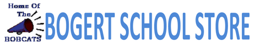 A banner featuring the text 'Home Of The BOGERT SCHOOL STORE' with a blue megaphone and a bobcat logo.