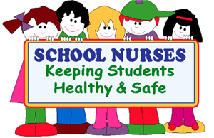 A colorful illustration featuring five cartoon children holding a sign that reads 'SCHOOL NURSES Keeping Students Healthy & Safe.'