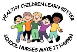 A colorful illustration of five cartoon children standing together with arms around each other, accompanied by the text 'HEALTHY CHILDREN LEARN BETTER SCHOOL NURSES MAKE IT HAPPEN' in a circular layout.