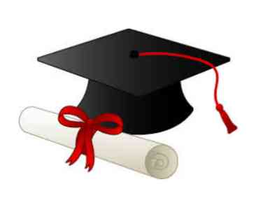 An illustration of a black graduation cap with a red tassel next to a rolled diploma tied with a red ribbon.