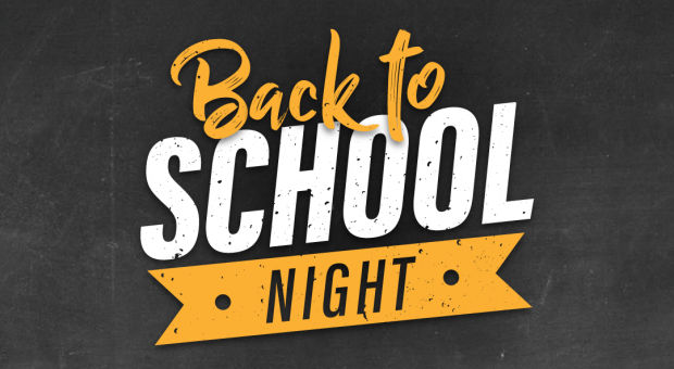 A graphic design featuring the text 'Back to School Night' in bold, white and orange letters on a black chalkboard background.