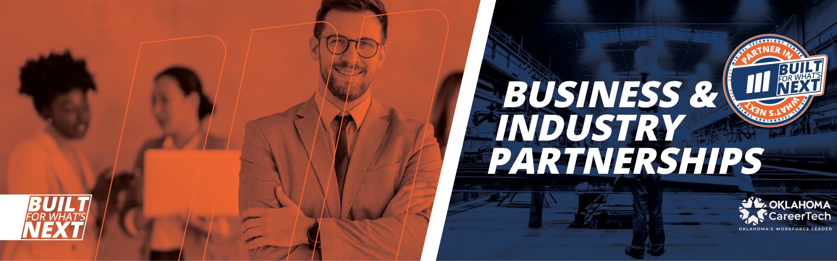 Image with a business professional in the background with the works Business and Industry Partners across it pointing towards partner page.