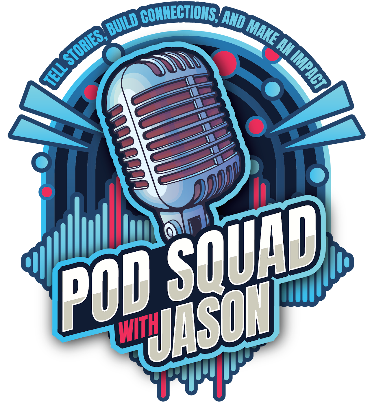 Logo that reads Pod Squad with Jason and a microphone in the background