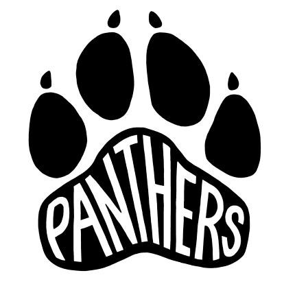 A stylized black paw print with the word 'PANTHERS' written in bold, white letters across the center.
