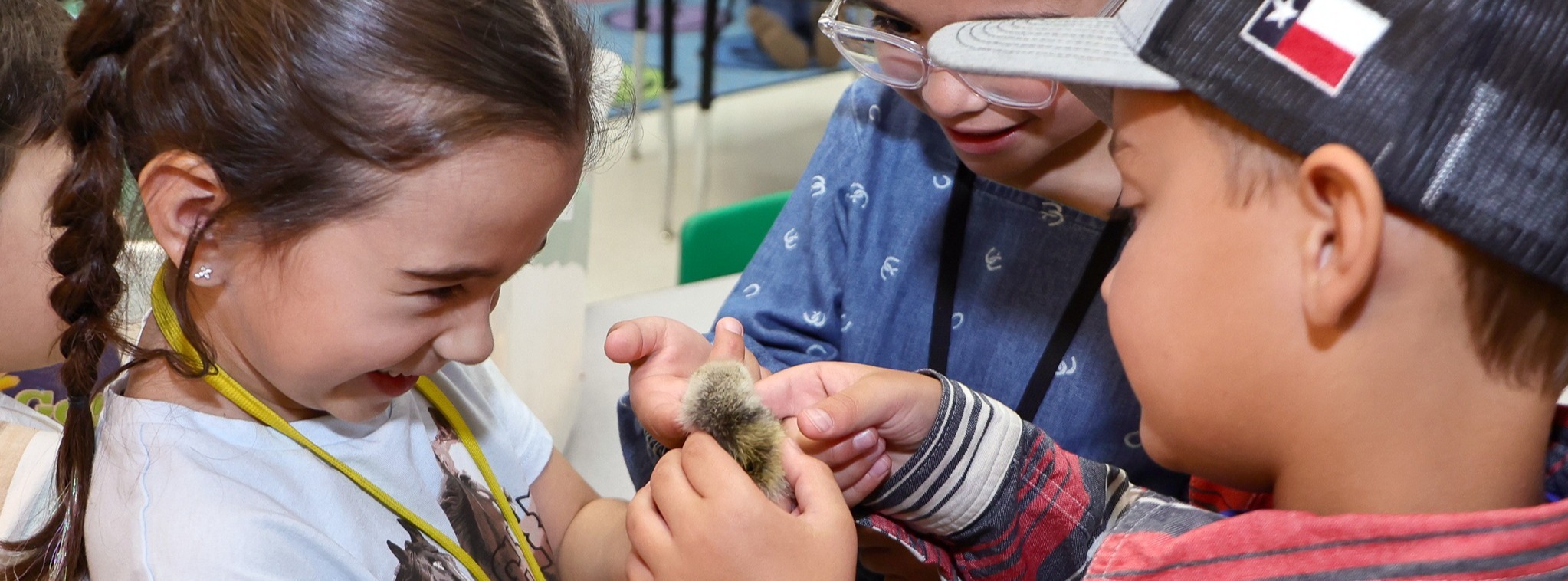 Three young students standing a circle while holding a baby chick.