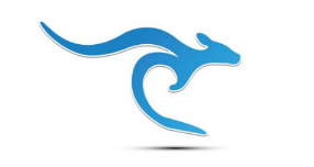 A stylized blue silhouette of a kangaroo in motion, featuring smooth curves and a shadow effect beneath it.