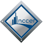 A diamond-shaped logo featuring the letters 'nccer' and stylized buildings in blue against a silver background.