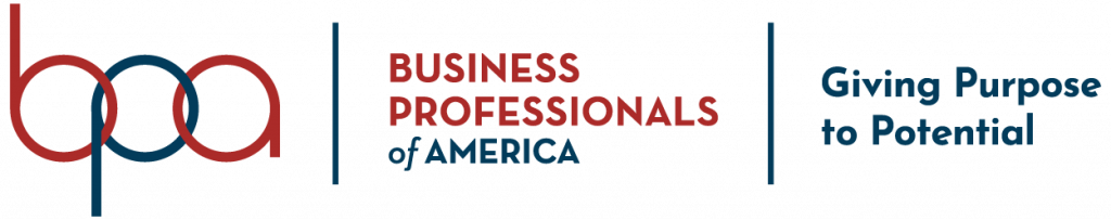 A logo for Business Professionals of America featuring the acronym 'BPA' in stylized letters, with the full name and tagline 'Giving Purpose to Potential' below.