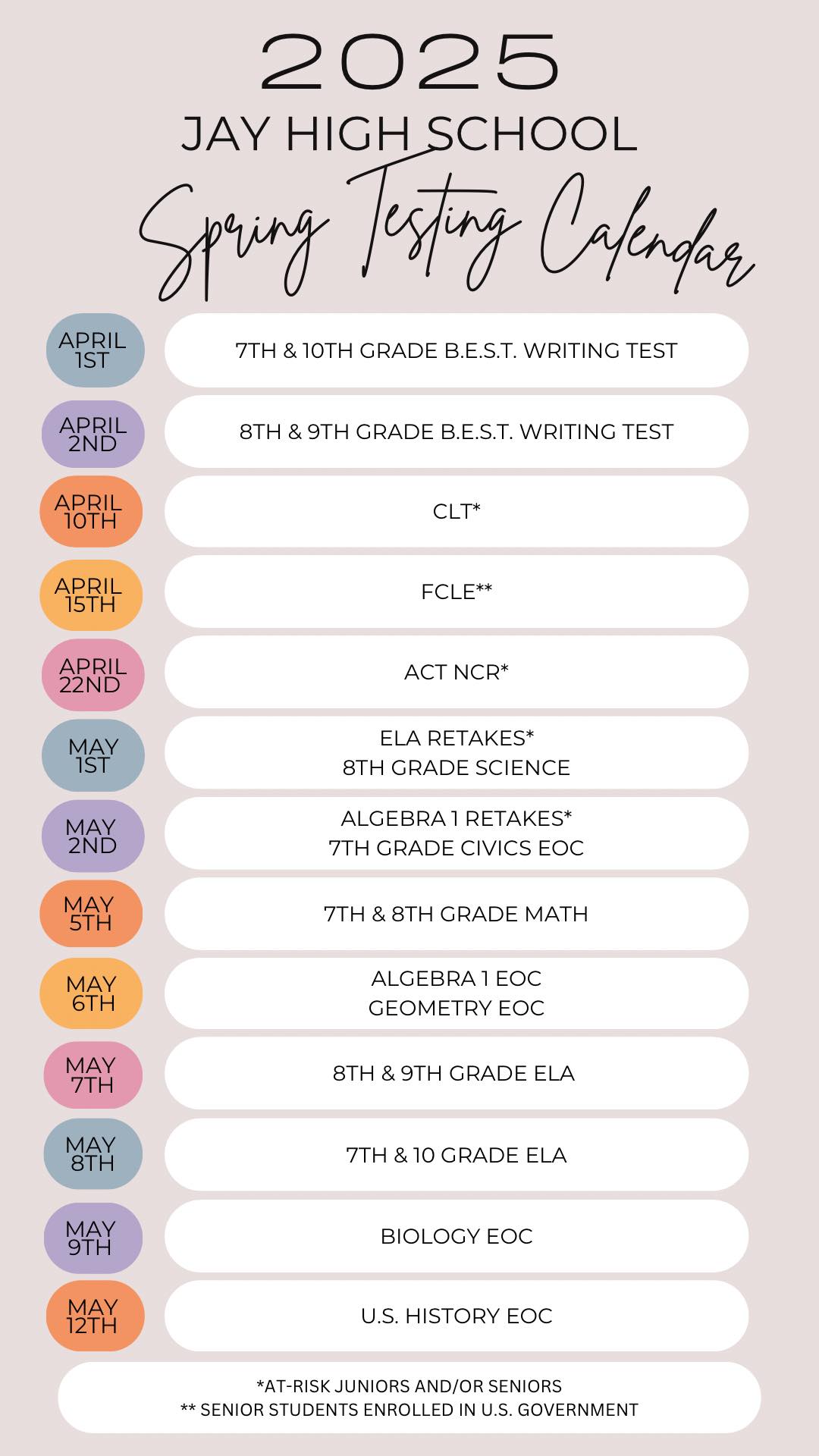 spring testing calendar