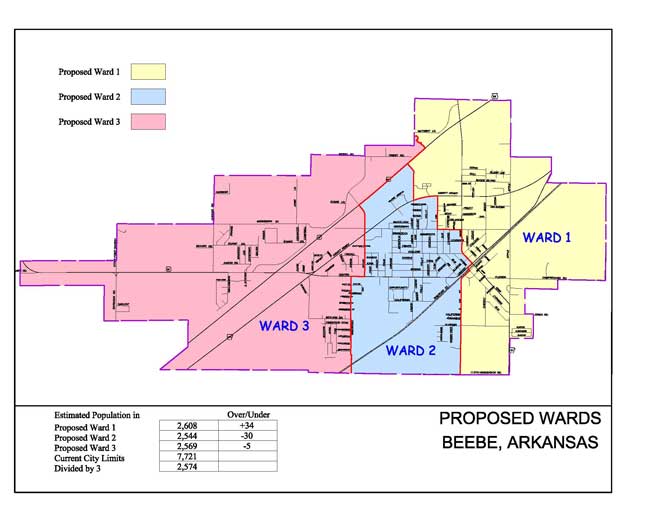 A map showing the proposed wards of Beebe, Arkansas, with different colored areas representing each ward and their estimated populations listed in a table.
