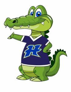A cartoon crocodile mascot with a friendly expression, wearing a blue and white jersey featuring a large letter 'H', and pointing to the side.