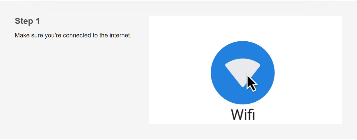 An instructional graphic showing a blue circular icon labeled 'Wifi' with a cursor hovering over it, indicating a step in a process to connect to the internet.