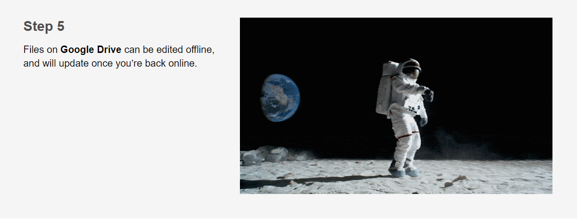 An astronaut stands on the moon with Earth visible in the background, illustrating a step in using Google Drive offline.