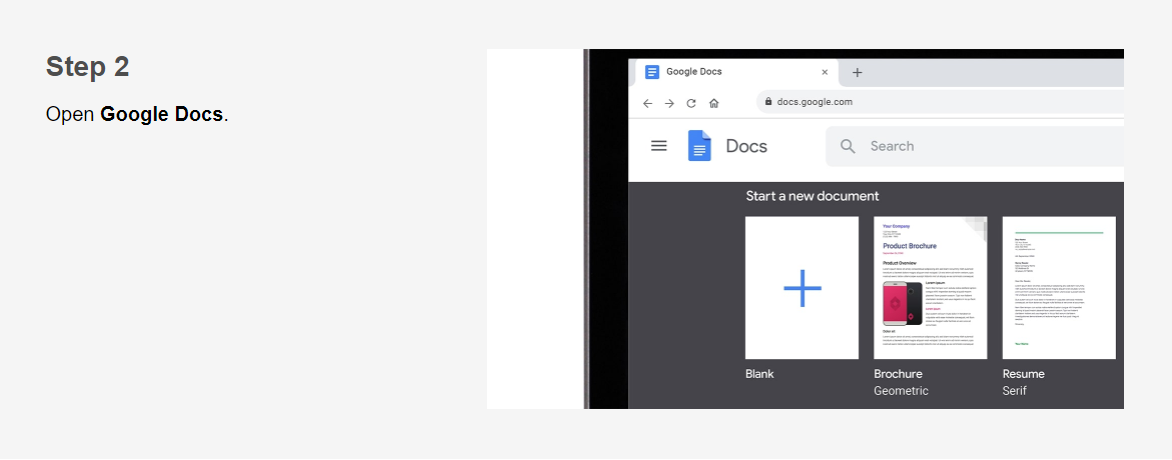 A screenshot showing the Google Drive interface with options to create a new document, spreadsheet, or presentation, along with a navigation bar at the top.
