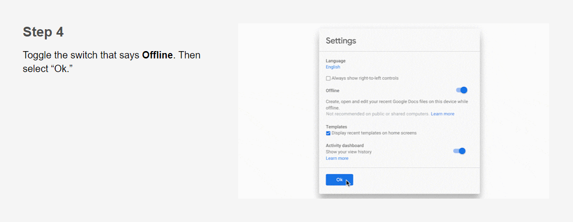 Instructions for adjusting settings, showing a settings menu with a toggle switch labeled 'Offline' and a button labeled 'OK'.