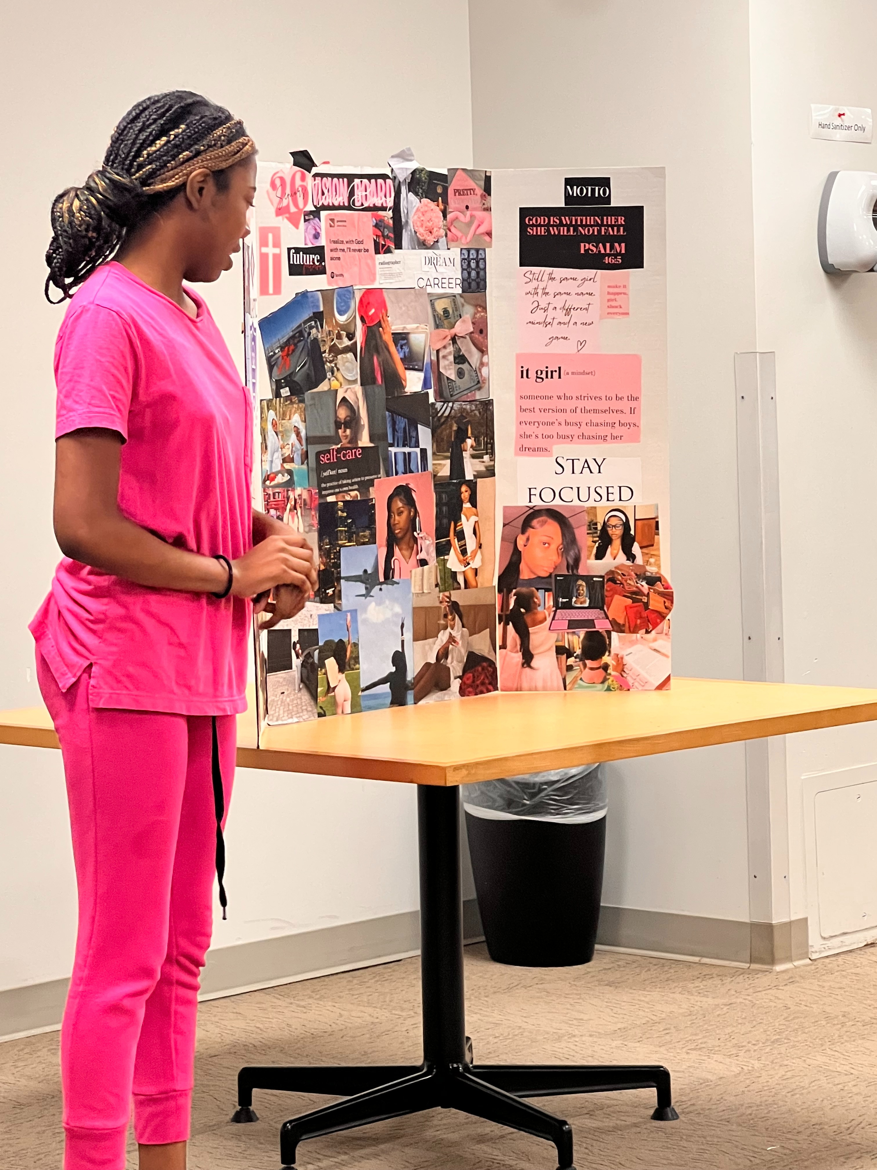 Student presenting her vision board