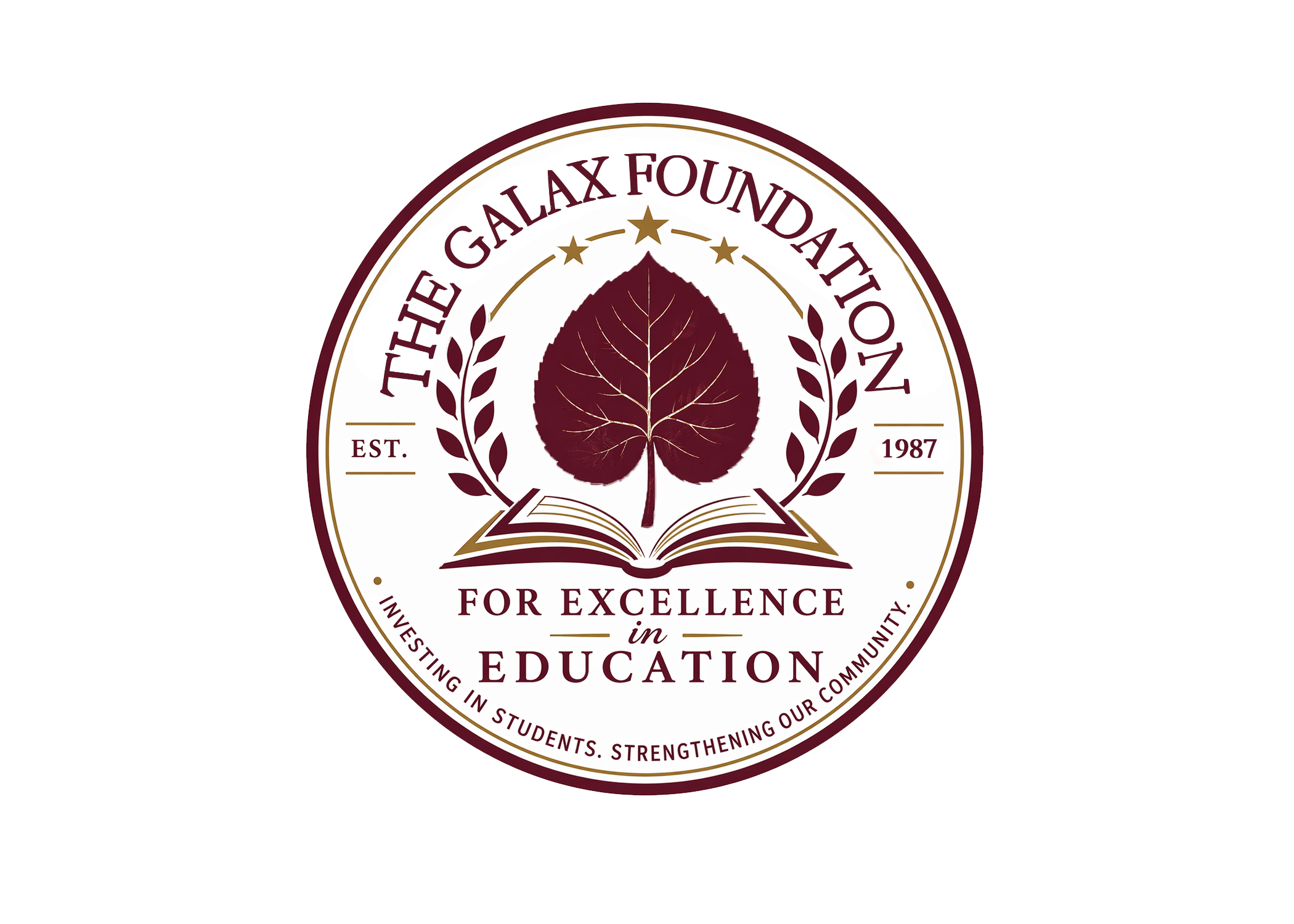 The Galax Foundation logo features a circle with a black background, a red border, and a leaf design in the middle.