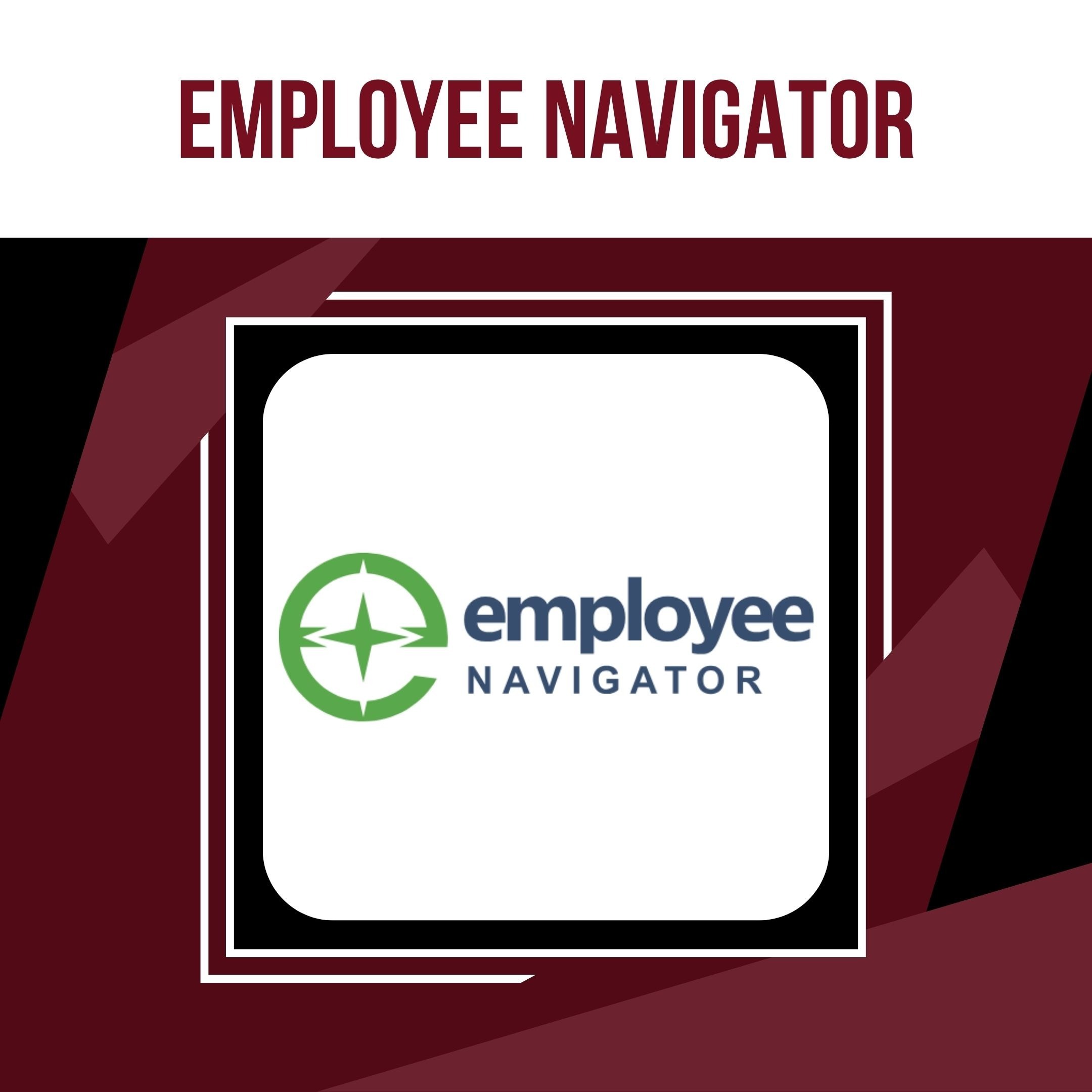 Red and black background with a logo. Logo features a green compass with "employee NAVIGATOR" text.